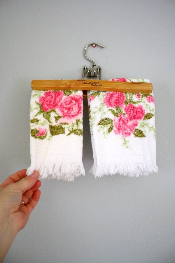 2 Vintage Rose Print Hand Towels Bath Towels by oldgrowth