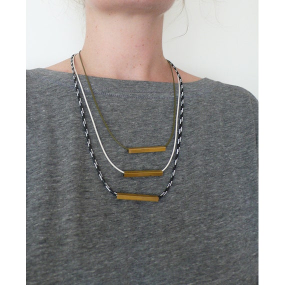 Handmade tiered cord necklace with square brass tube beads