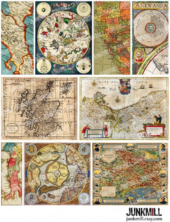 ANTIQUE MAPS Digital Printable Collage Sheet Colorful