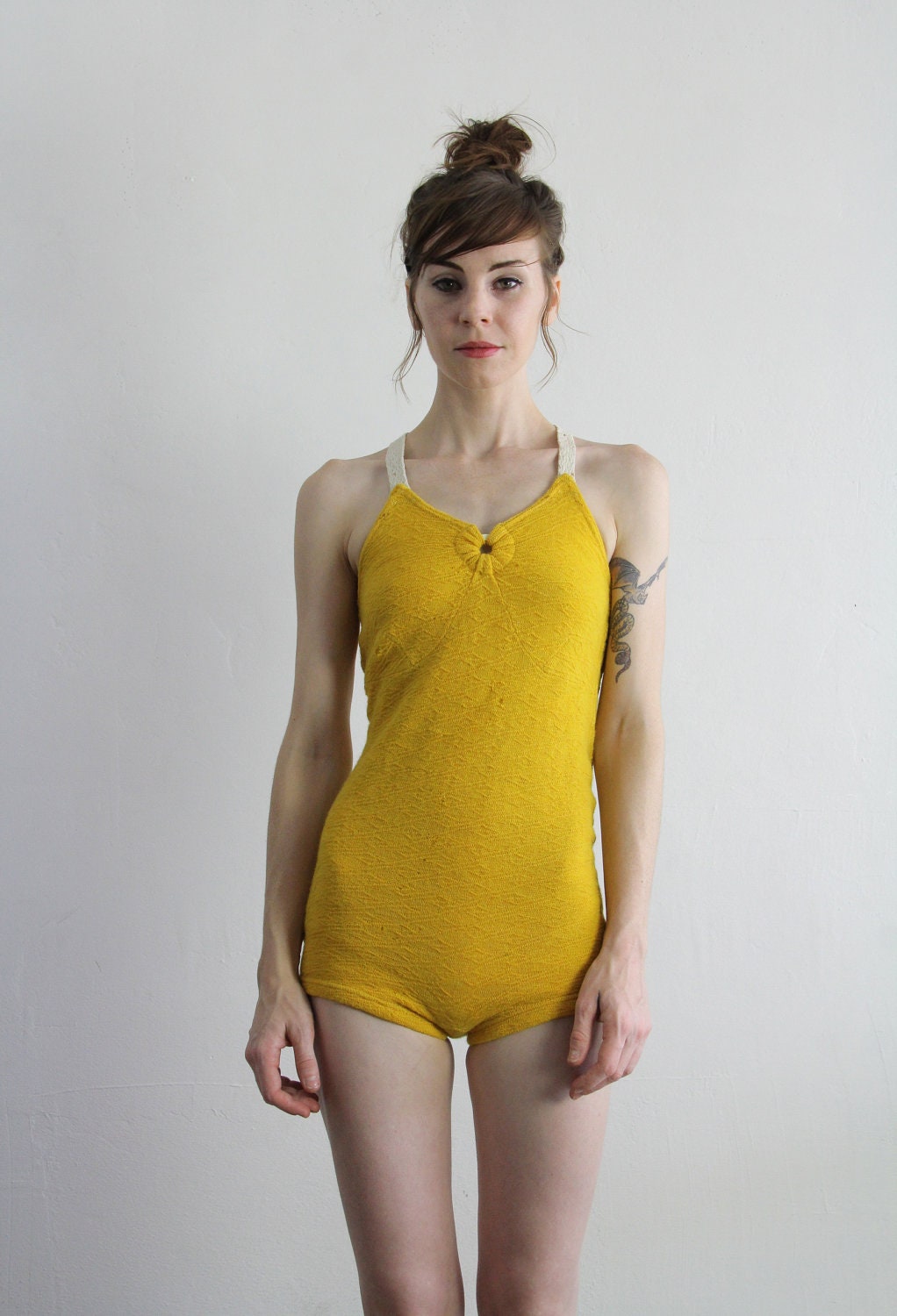 Vintage 40s Swimsuit Yellow White Bathing Suit 1940s Pin