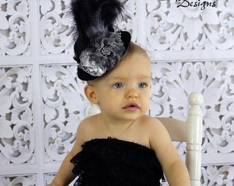 Baby Mini Top Hat Headband Fascinator - Black & Silver Baby Over The Top Flower Headband - Toddler/Girl Holiday/Pageant Photo Prop
