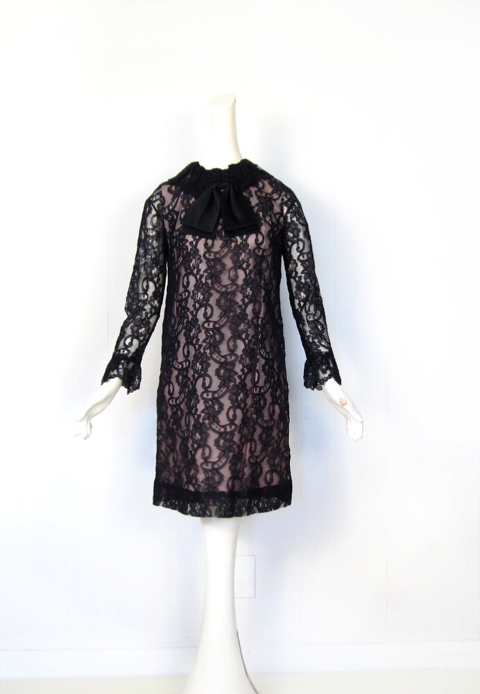 1960s Lace Dress / 60s Dress / Black Lace Dress / Satin Bow