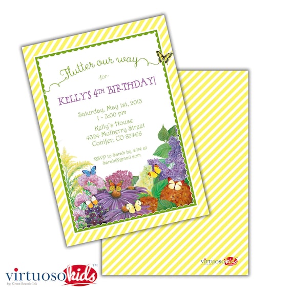 Girl's BUTTERFLY and FLOWER GARDEN Printable Birthday Party Invitation Realistic Customizable Printing Available Il_570xn