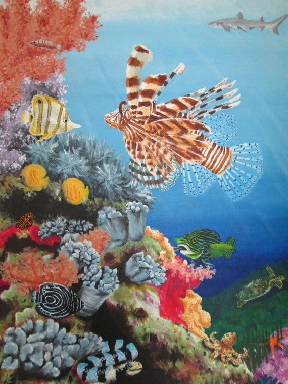 Items similar to ocean nautical art - Coral Reef In Acrylic - original acrylic painting on 18 X ...