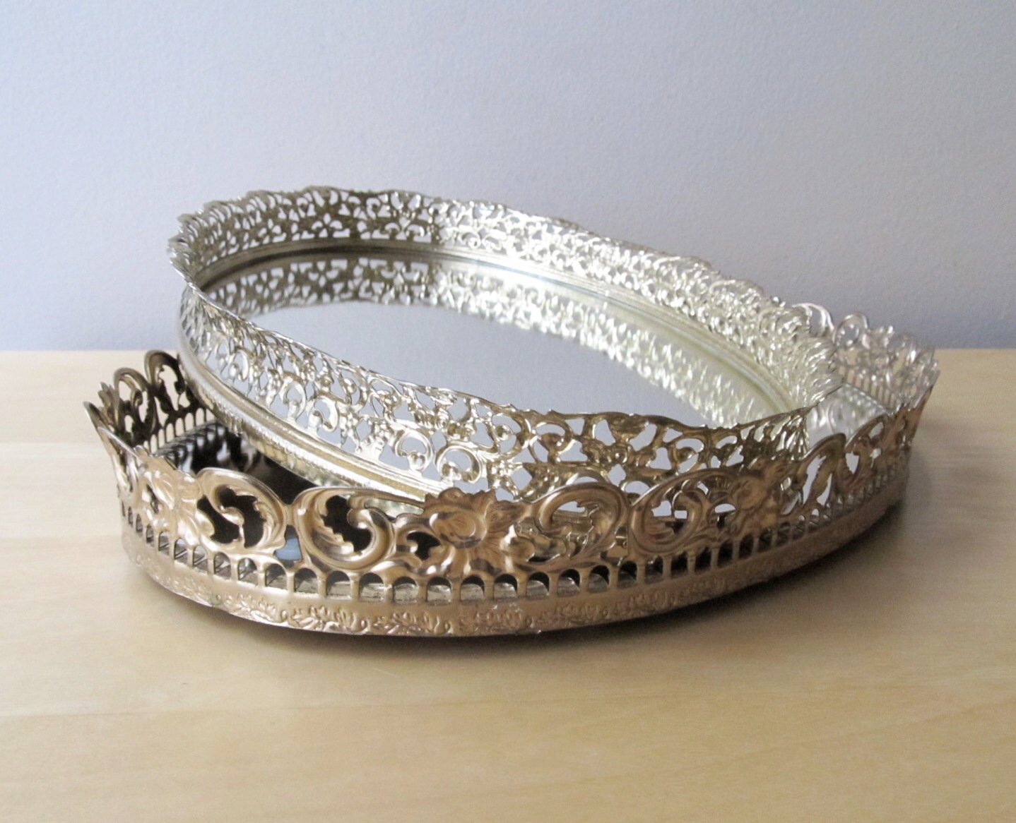 vintage oval mirror tray brass finish