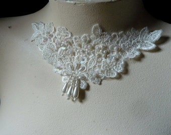 IVORY Beaded Lace Applique for Bridal, Lyrical Dance, Jewelry, Costume Design IA 214