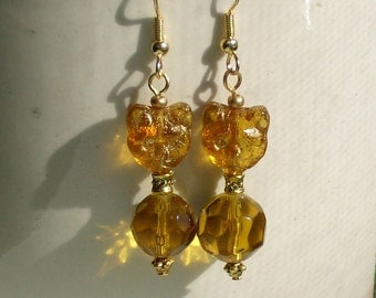 Egyptian Revival Cat Charm Gold Glass Cat Earrings