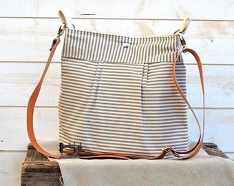 Waterproof BEST SELLER Diaper bag/Messenger bag STOCKHOLM Gray and ecru nautical stripe - 10 Pockets -Ikabags Baby talk magazine featured
