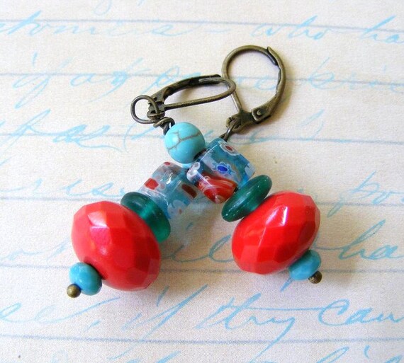 Colorful Asian Beaded Dangle Earrings Red by meiguidesigns on Etsy