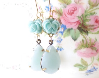 Something Blue - Vintage Jewel Flower Earrings - Blue Rhinestone - Ruffled Rose - Bride