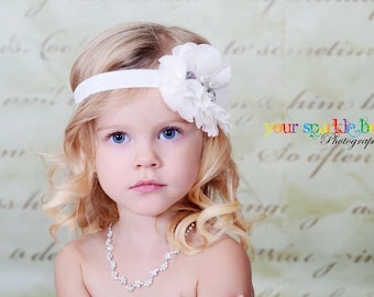 White Flower Headband, Chiffon Flower Puff w/ Pearls & Crystals Headband or Clip, The Cecilia, Baptism, Baby Child Girls Headband