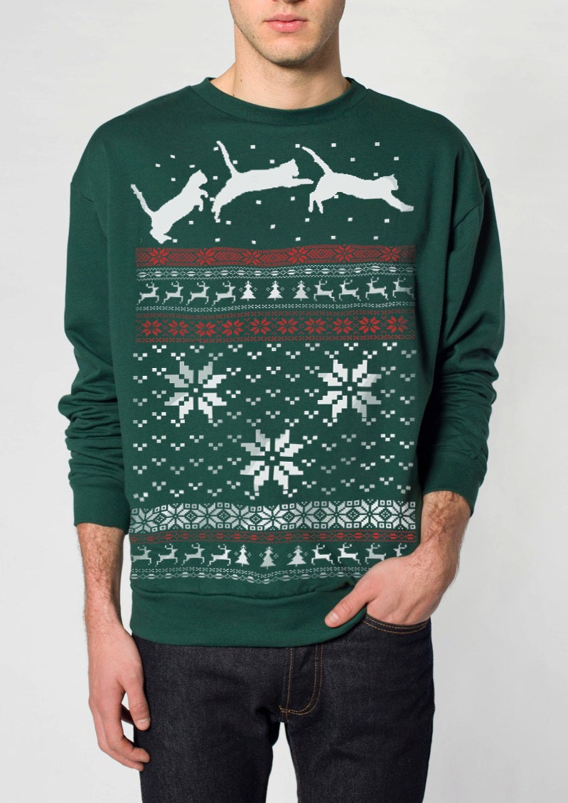 Ugly Christmas sweater Cat jumping in snow pullover cat