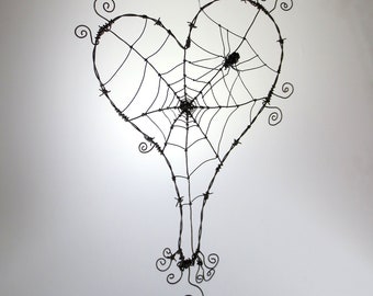 Wonky Barbed Wire Heart With Spider Web And Spider Made To Order