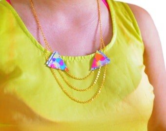 Triangle Geometric Necklace, Leather Collar Necklace, Neon Arrow Chevrons, Tribal Jewelry