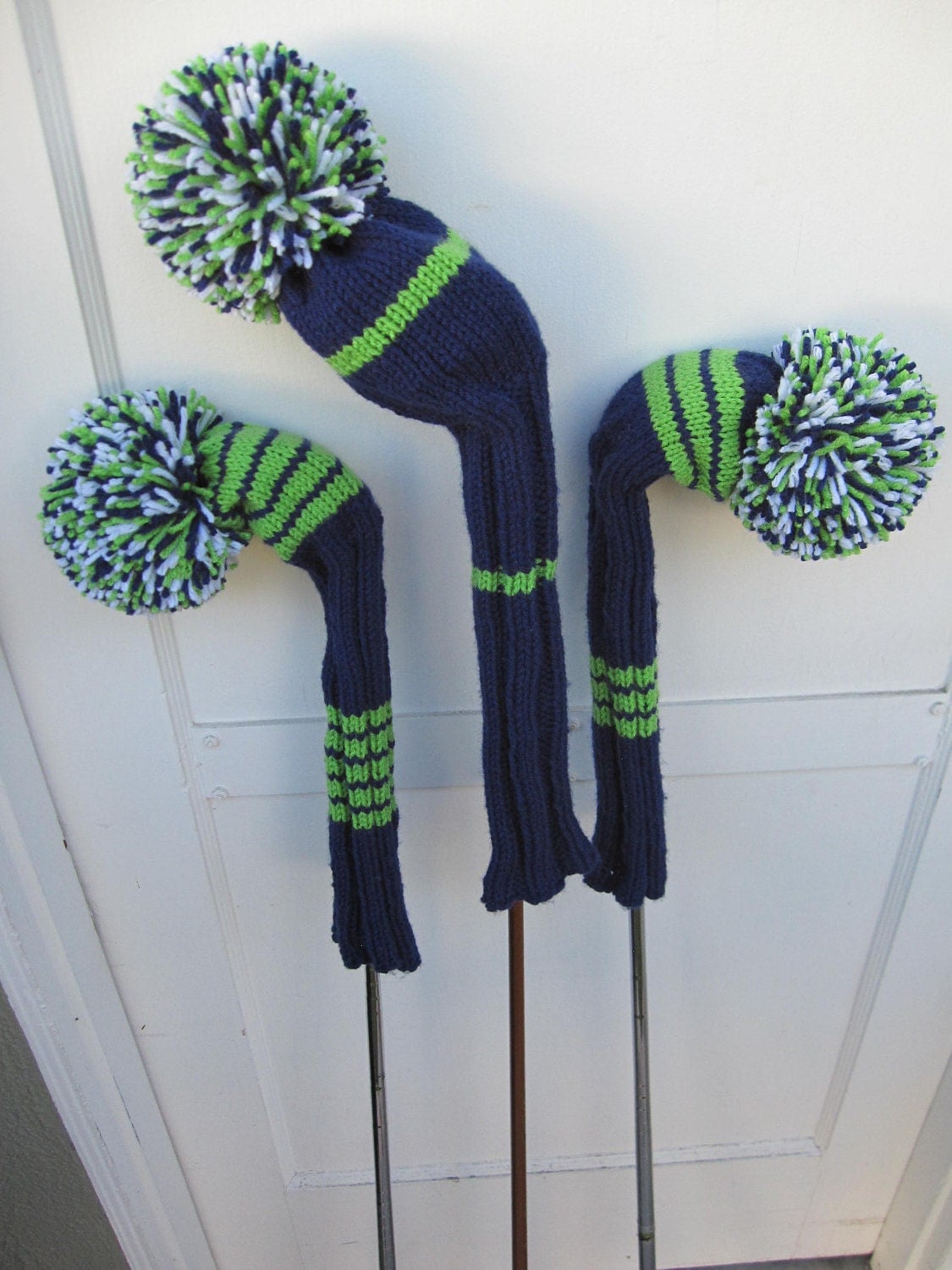 Hand Knit Golf Club Head Covers Set of 3 Navy Lime Green White