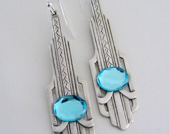 Art Deco Earrings - Silver Earrings - Aquamarine Earrings - Handmade Jewelry