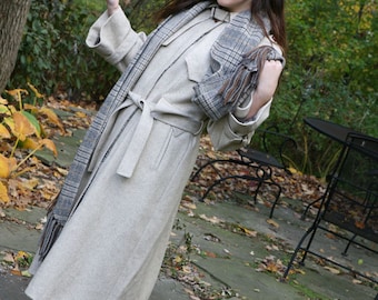 Vintage 70s Coat: Camel Tan Wool Trench Spy Coat / Matching Scarf / Removable Lining