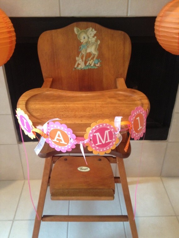 Highchair Banner - 1st Birthday Banner - I am 1 Banner - Polkadots Orange, Pink and White - Birthday Party Decorations Il_570xn