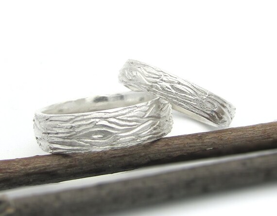 Wedding band set - 14k white gold - Wood bark wedding rings