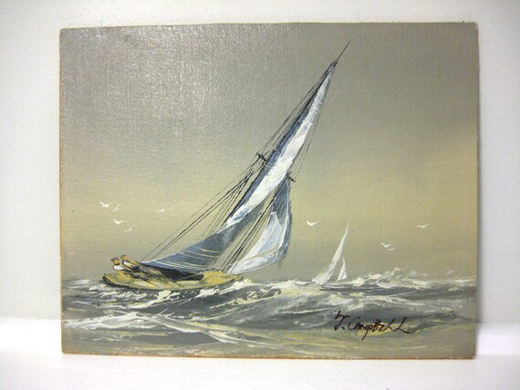 Vintage Nautical Painting Sailboat Ship Art 8 x by saltandginger