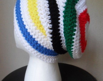 Slouchy Slacker Beanie - Blue Yellow Black Green Red - MTG Olympic Rainbow and White Stripe - Size MEDIUM