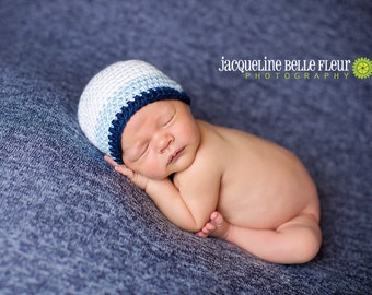 Crochet Baby Boy Beanie Newborn to 5T Hat White/Dark Country Blue/Soft Blue - MADE TO Order