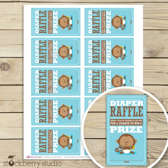 Monkey Baby Shower Diaper Raffle Ticket - Blue Baby Shower Game - Boy Baby Shower Games Printable - Instant Downloard - Diaper Raffle Cards Il_570xn