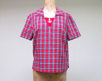 Vintage 1960s Blouse / 60s Red Cotton Plaid Nautical Short Sleeve Top / Medium