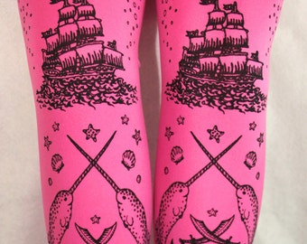 Pirate Printed Tights Pink Octopus Narwhal Squid Small Medium Black on Candy Pink