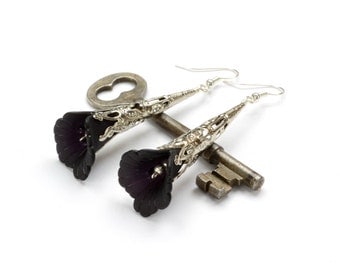 Black Earrings, Black Jewelry, Victorian Silver Filigree, Black Flower, Dangle Earrings, Steampunk Jewelry By Victorian Curiosities