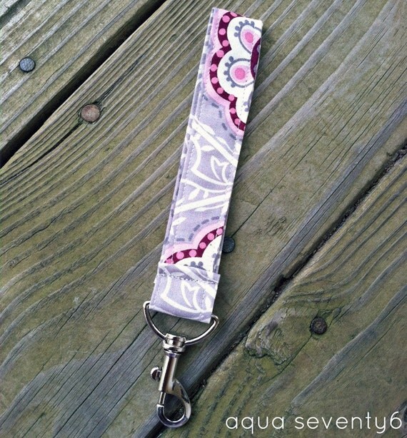 Items similar to Gray and Pink Floral Fabric Wrist Lanyard Key Ring on Etsy