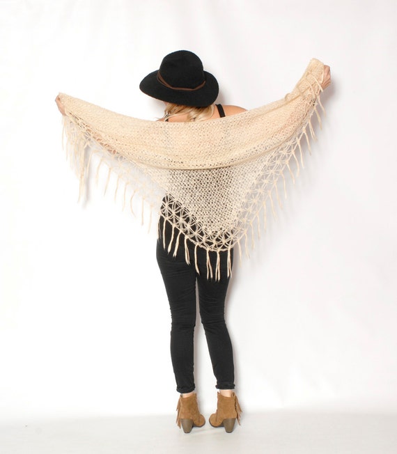 Vintage Cream Crochet Shawl w/ Fringe by