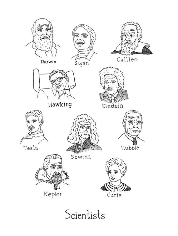 Pen and Ink Illustration of Ten Scientists