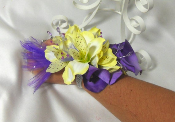 Purple And Yellow Prom Corsage With Tiger Lillies Calla