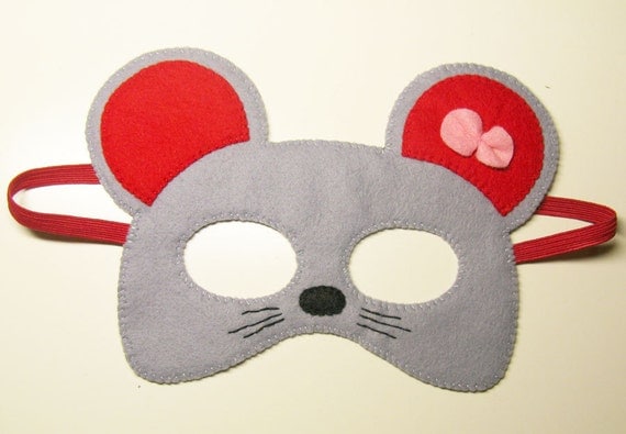 Mouse mask for kids gray red pink bow handmade by FeltFamily