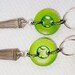 HANDMADE Sterling Silver & Chartreuce Earrings Vintage Buttons, Silver Tone Etched Dangles -"Green Grass Beneath"- , Funky Fun Chic, OOAK