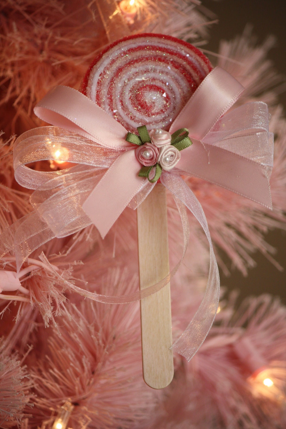 Shabby Cottage Chic Victorian Romantic Christmas (2) Ornaments Pink & White Glittered Lolly Pops