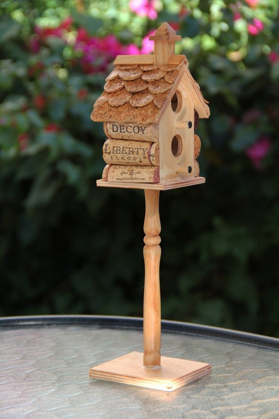 small birdhouse on stand wood and wine corks small birdhouse on stand wood and wine corks