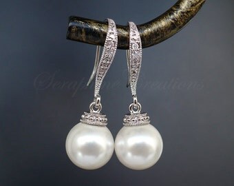 Bridal Pearl Earrings Wedding Jewelry Swarovski Pearls Cubic Zirconia Simple Dangle Classic Earrings Bridesmaid Gifts White or Cream K041