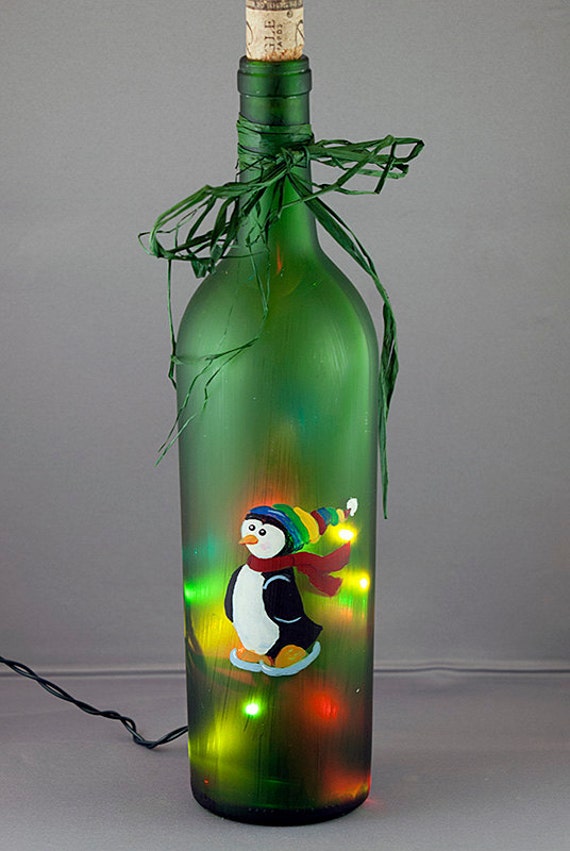 Penguin Skating Lighted Wine Bottle Hand Painted Seasonal