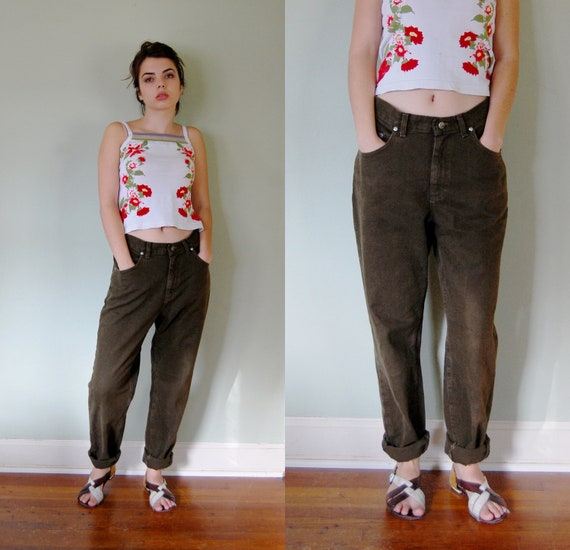 90s High Waisted Grunge Baggy Army Green Jeans Medium