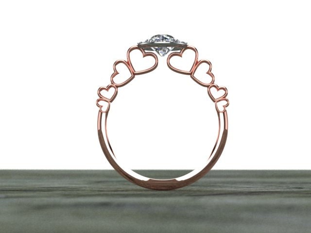 Diamond Halo Engagement  Ring  Connected  Heart 14K Rose Gold 14K
