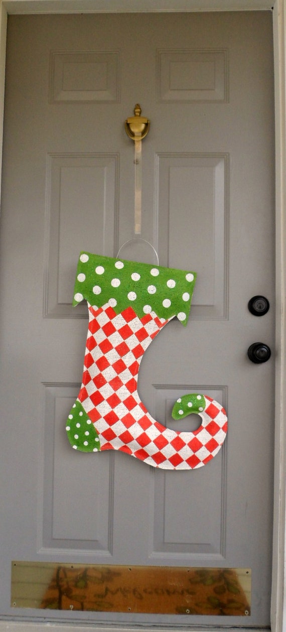 Items similar to Red Check Christmas Stocking Burlap Door and Wall Hanger on Etsy