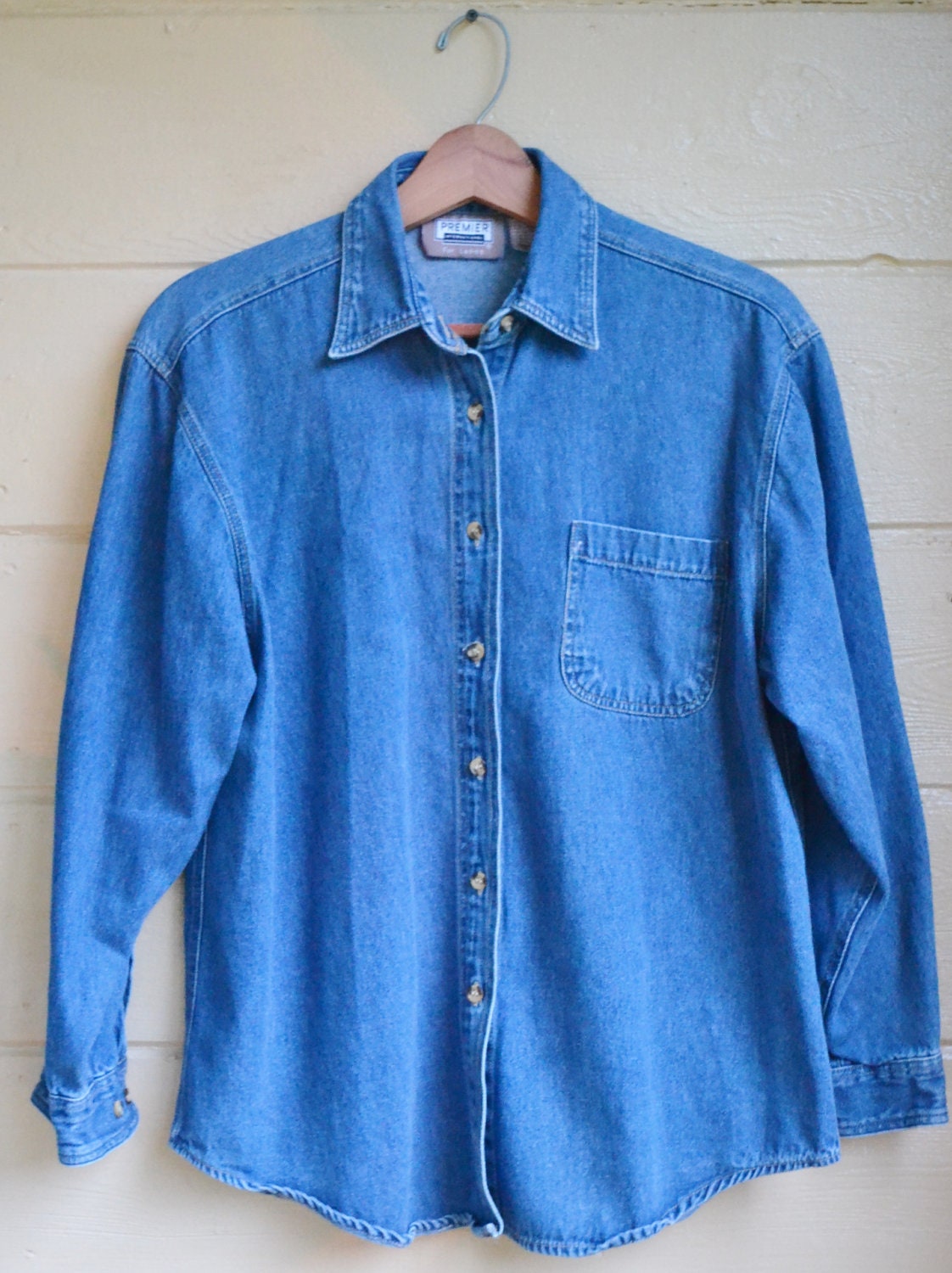 Vintage Womens Blue Denim Shirt Button up Blouse Shirt Jean