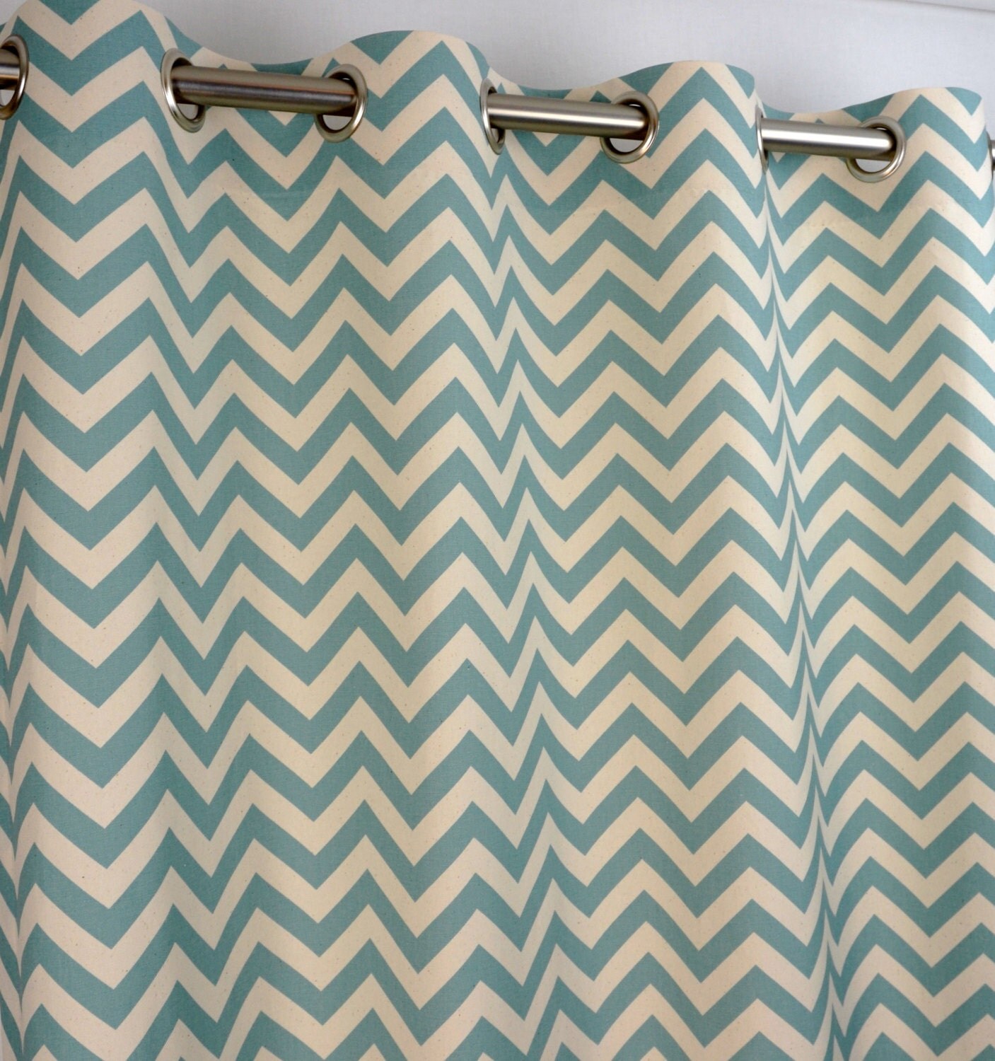 Village Blue Natural Beige Chevron Zig Zag Curtains Grommet