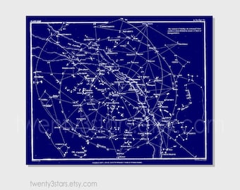 Customizable Vintage Constellation Star Map, Choose Any Colors, Wall Art Print or Canvas, Sky Star Map in Custom Colors, Blue and White
