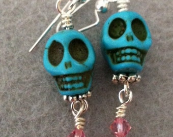 Turquoise Blue Howlite Skull Earrings
