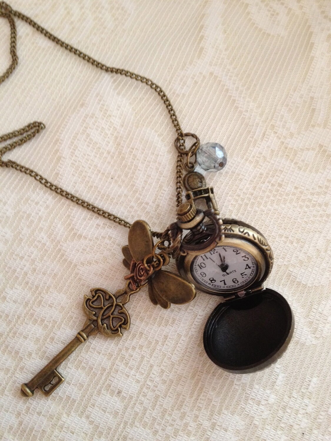 Round Pocket Watch Necklace. Antique Bronze Tone.