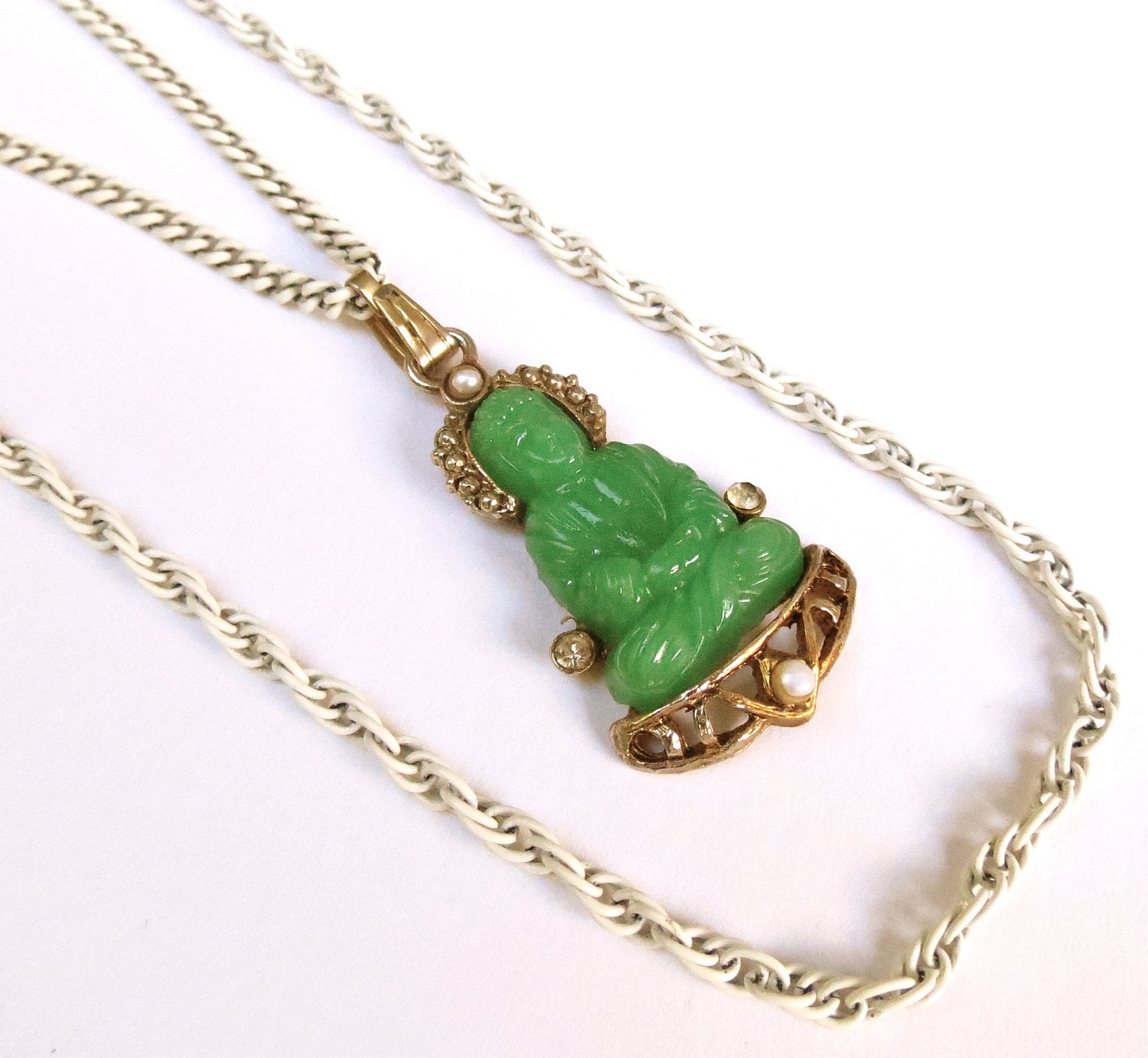 Vintage Buddha necklace Jade green vintage white layered chain