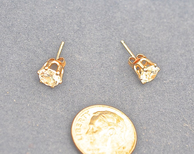 White Diamond Stud Earrings, 6mm Round Set in 14k Yellow Gold Filled Castings E235